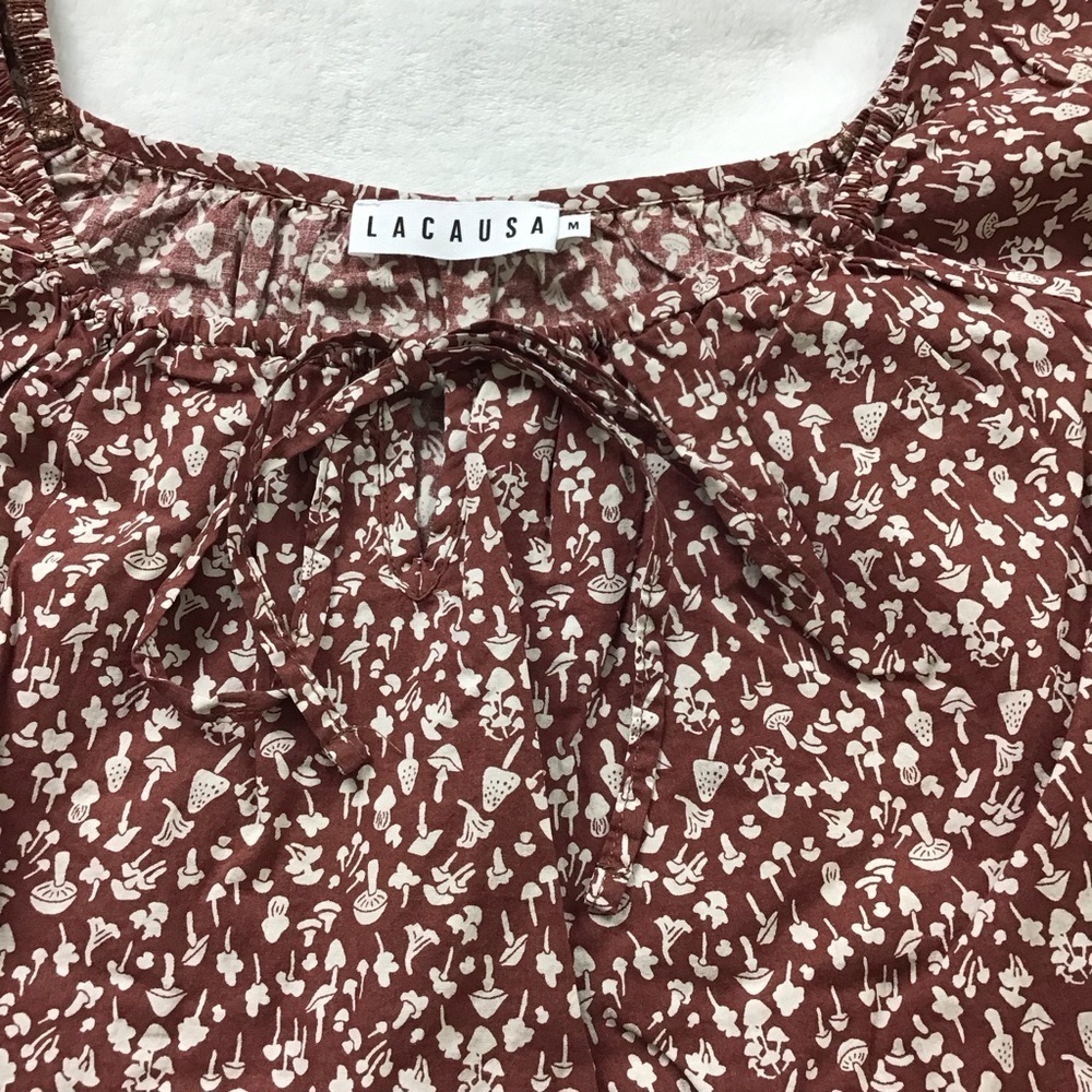 NWT LACAUSA Babydoll Mini Dress Puff Sleeve Mushroom Print Size M - Picture 7 of 11